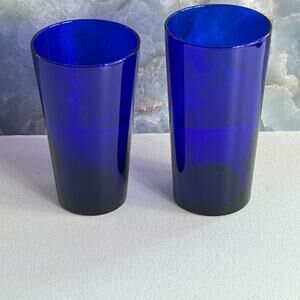 2 Vintage Libbey Cobalt Blue Glass Tumblers 6'' & 6.5" Tall